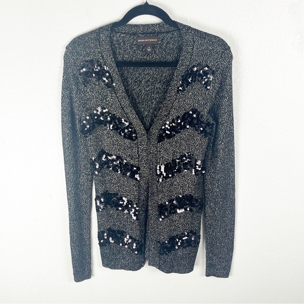 DANA BUCHMAN Metallic Sequin Long Sleeves Hook Closure Cardigan, Size Small